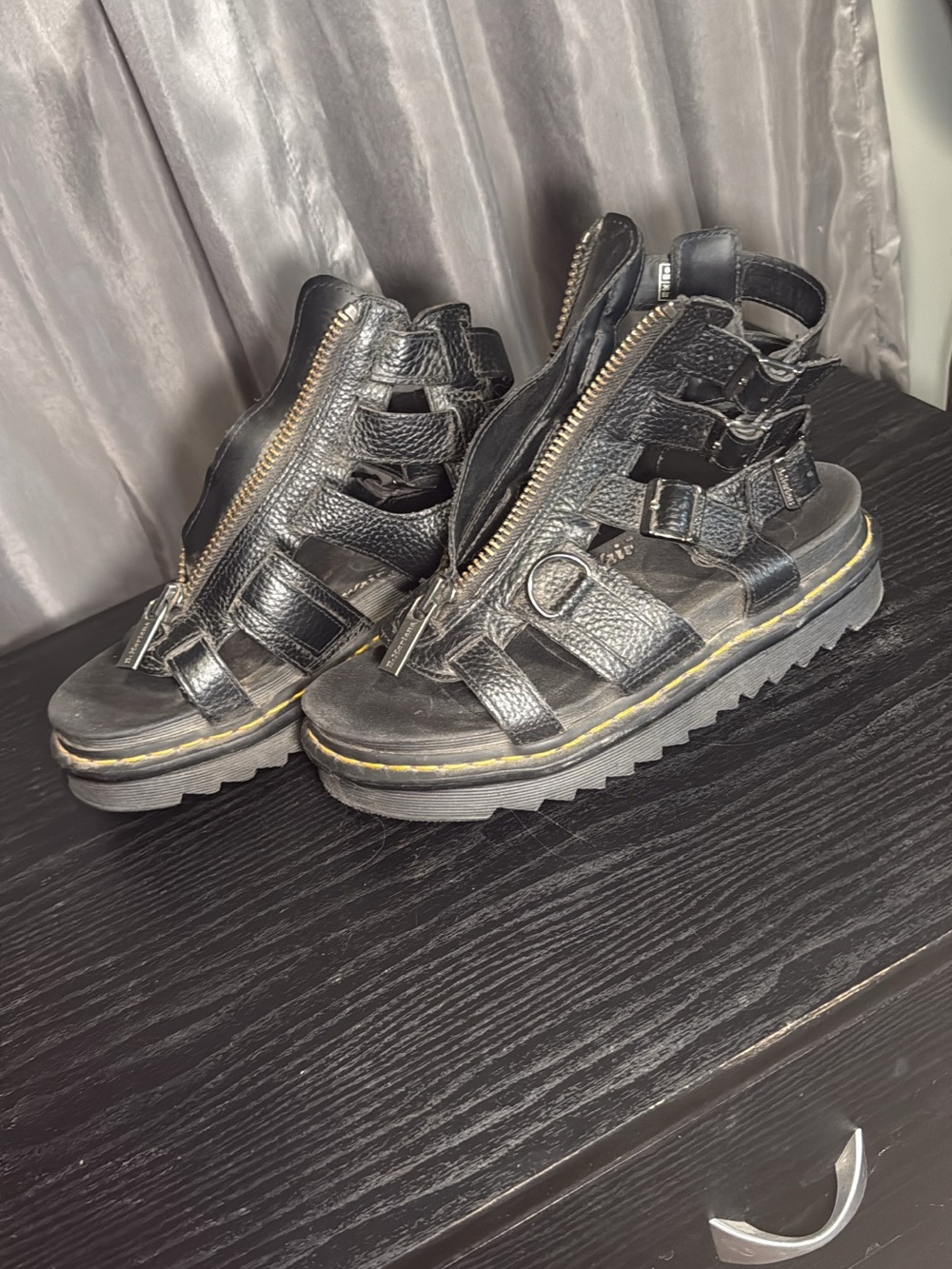 Dr. Martens Black Leather Zip-Up Lug Gladiator Sandals with Yellow Welt Stitch
